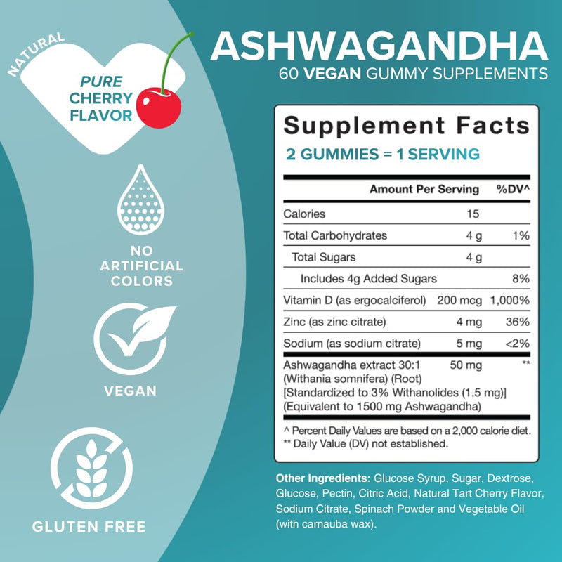 Ashwagandha Gummies with Vitamin D & Zinc – Supplement for Relaxation, Calming, and Mood Support – Gluten Free, Non-GMO, Vegan, 60 Count