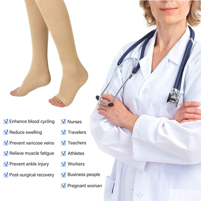 [Australia] - Evolyline 3 pairs of compression stockings for women and men, medical open toe stockings, support stockings, compression socks, graduated thrombosis stockings for sports, reduce leg pain, varicose veins, beige L-XL 