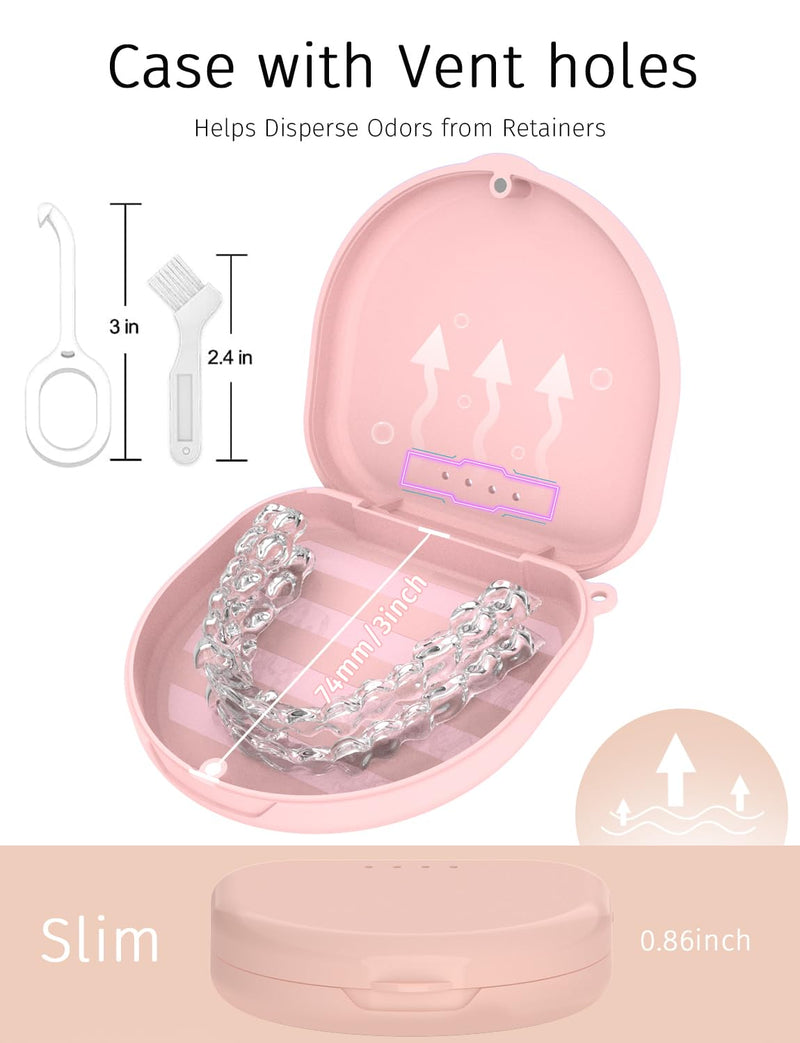 [Australia] - Retainer Case, Compatible with Invisalign, Vivera, Slim Aligner Case with Vent Holes, Portable Orthodontic Container with Removal Tool, Brush and Lanyard, Pink 