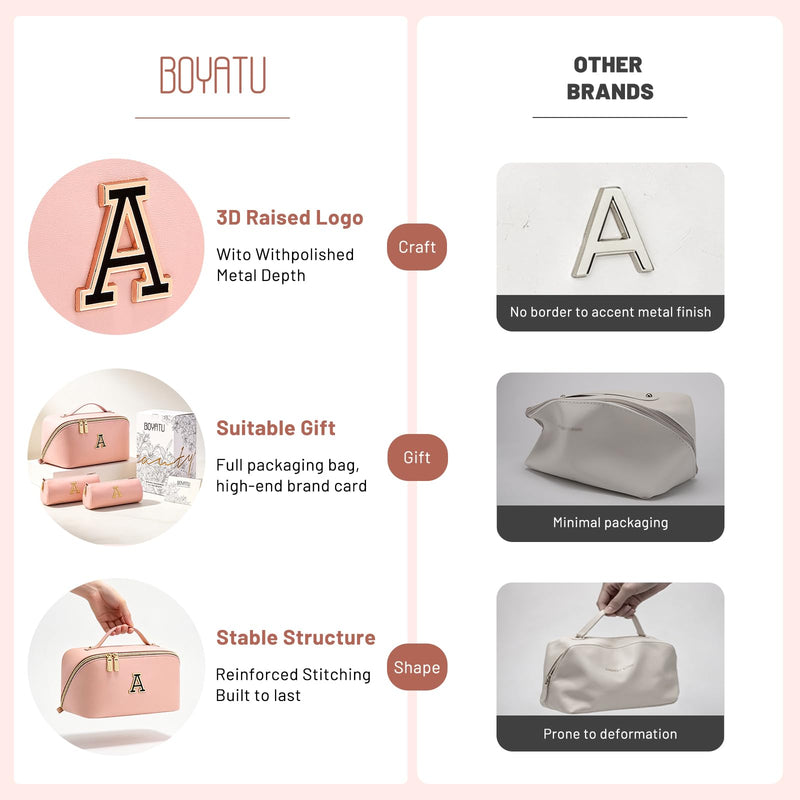 BOYATU Personalized Travel Makeup Bag: 3-in-1 Cosmetic Bag Gift for Women | Initial Make up Bag Organizer - Custom Letters A-Z - Flat Open Portable Toiletry Bag for Birthday Graduation Anniversary Pink K