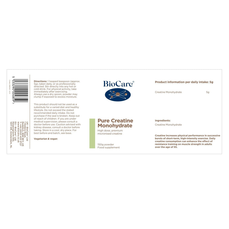 BioCare Pure Creatine Monohydrate - Micronised Powder for Exercise Performance & Strength Support - Unflavoured Vegan Formula - 150g