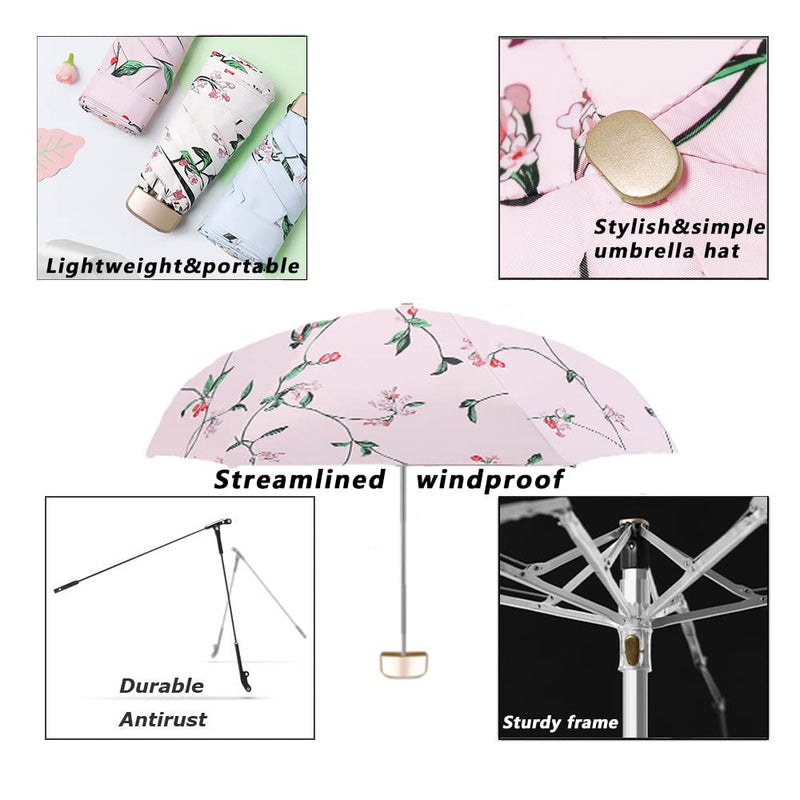 Small Compact Travel Umbrella UV Protection Mini Umbrella Perfect for Travel Lightweight Portable Parasol Outdoor Sun & Rain Umbrellas Pink flower