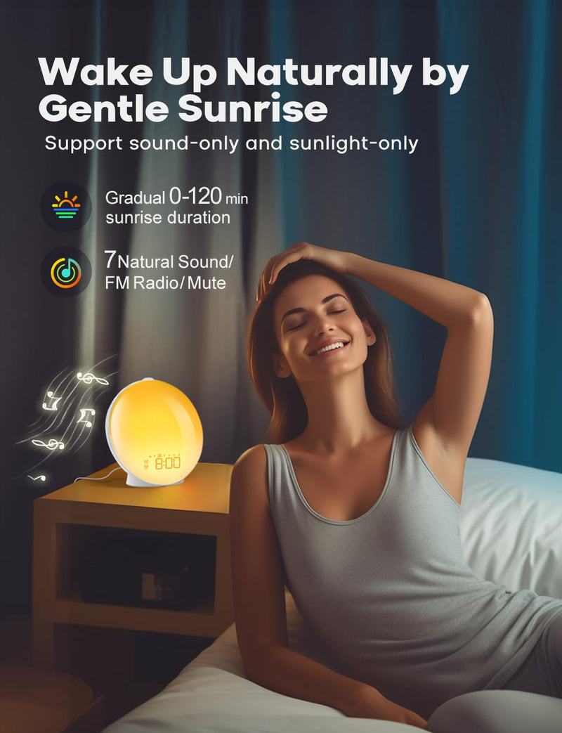 [Australia] - Dekala Light Alarm Clock, Radio Alarm Clock, Sunrise Sunset Simulation, Full Screen Digital Alarm Clock with Double Alarms, Rotation Button, Natural Sounds, FM Radio for Adults & Children Full Screen - Classic (No App Control) 