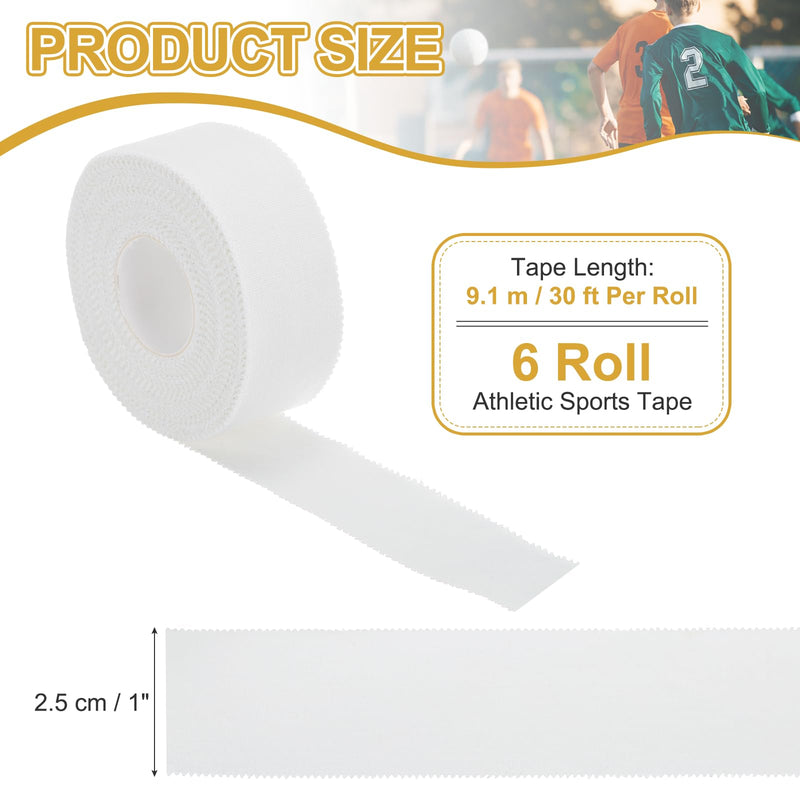 Athletic Sports Tape, Athletic Tape Strong Adhesive Easy Tear with Serrated Edges - Fitting for (Athletes/Sport Trainer/Gymnastics/Boxing) 1 in x 30 Ft, 6 Rolls, White
