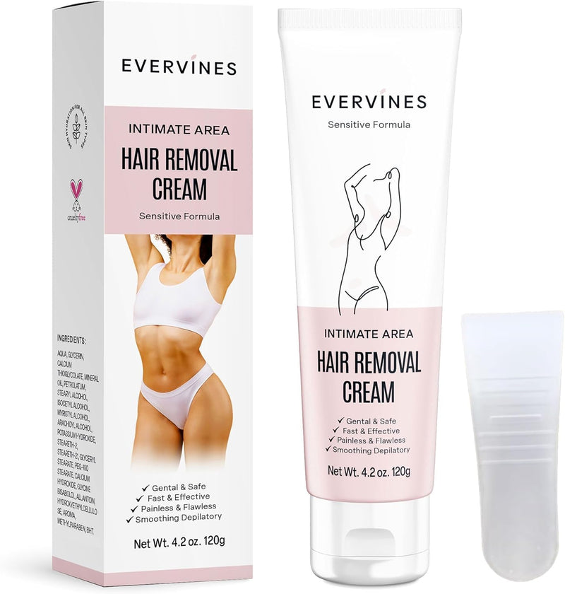 Hair Removal Cream for Women: Fast Painless Depilatory for Bikini Pubic Legs Arms Underarms for Sensitive Skin Safe - Travel & Home Use with Scraper – 4.2oz 4.2 Ounce (Pack of 1)