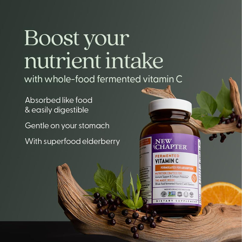 New Chapter Fermented Vitamin C and Elderberry, 60 Count | ONE Daily for Immune Support and Collagen Protection, Made with Organic Herbs, Vegan and Gluten Free Formula