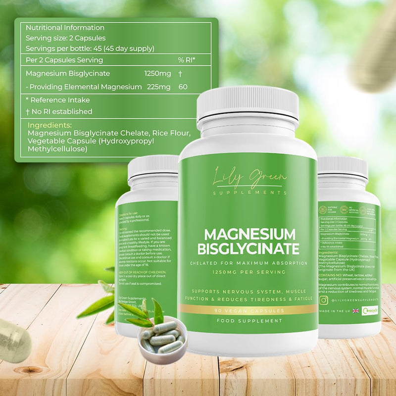 Lily Green Magnesium Bisglycinate Capsules | 1250mg Per Serving of Bioactive Glycinate | Magnesium Supplements for Sleep, Calmness, Psychological & Muscle Function | 90 Capsules | Made in UK