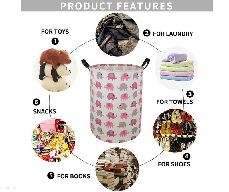 [Australia] - 19.7 Laundry Hamper Toys Box Storage Bins Canvas Waterproof Collapsible Clothes Organizer Basket with Handle Freestanding Large Cute Light Weight for Home Kids Baby Room(elephant) pink grey elephant 