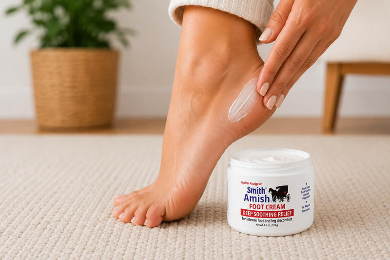 Smith Amish Foot Cream, Deep Soothing and Calming to Foot and Legs. 4.5 oz | Refreshing Hydration for Dry, Tired Feet & Legs - Tea Tree, Peppermint & Botanical Comfort Blend