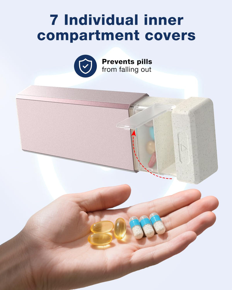 HEIYING Metal Pill Organizer with 7 Separate Compartments for Pills Storage | Portable Metal Pill Case Storage Vitamins, Smooth Magnetic Sliding Lid, Daily Medication Storage Case for Travel Updated Pink