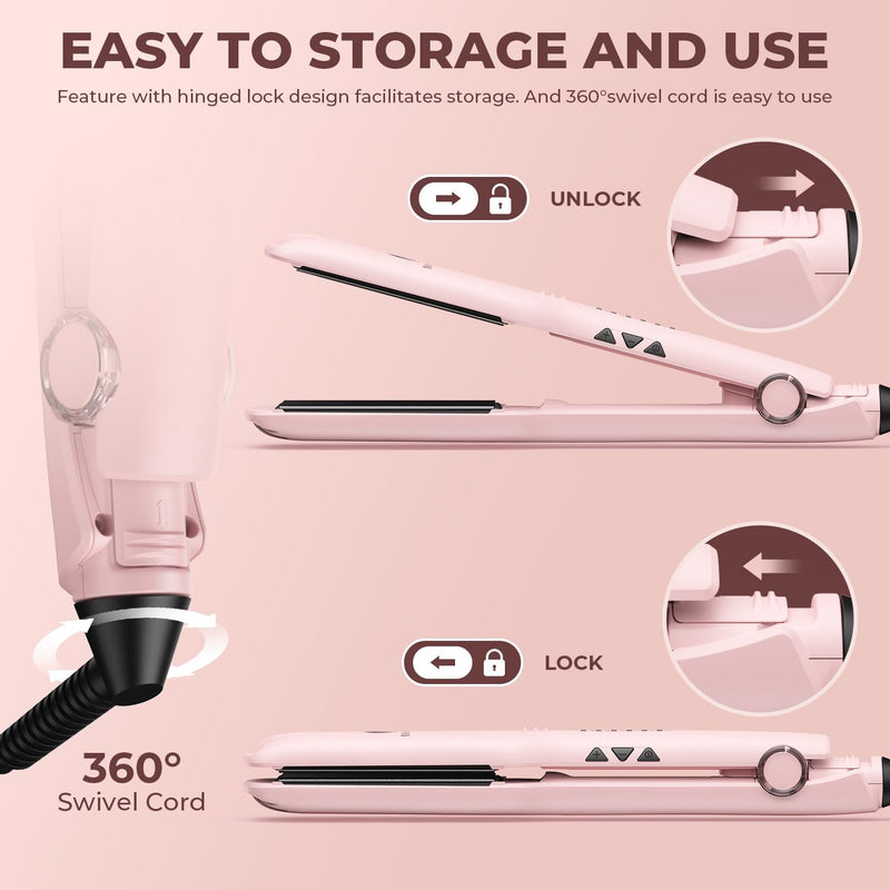 [Australia] - MiroPure 1.5 Inch Flat Iron, Hair Straightener with 30S Fast Heating & 60min Auto Shut-Off, Hair Straightener and Curler 2 in 1 with 3D Ceramic Floating Plates, Pink 