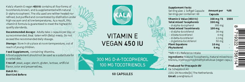 Vitamin E 450 IU 400mg Tocopherol + Tocotrienol Vitamin E Vegan - Alpha Tocopherol + All 4 Tocotrienols – Alpha Tocotrienol + Beta Tocotrienol + Delta Tocotrienol and Gamma Tocotrienol 60