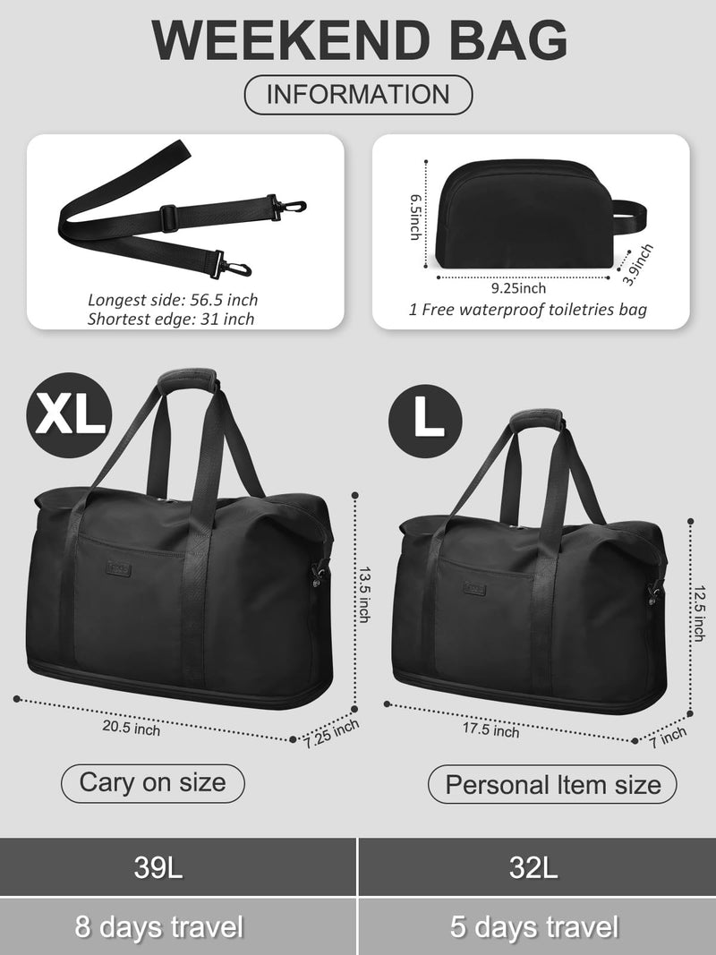 Expandable Travel Duffle Bag Weekender Overnight Bags for Women Men | 32L Duffel Bag,Waterproof Carry on Bag,Hospital Bag for Labor Delivery,With Toiletry Bag,Gym,Airplane Travel Black X-Large