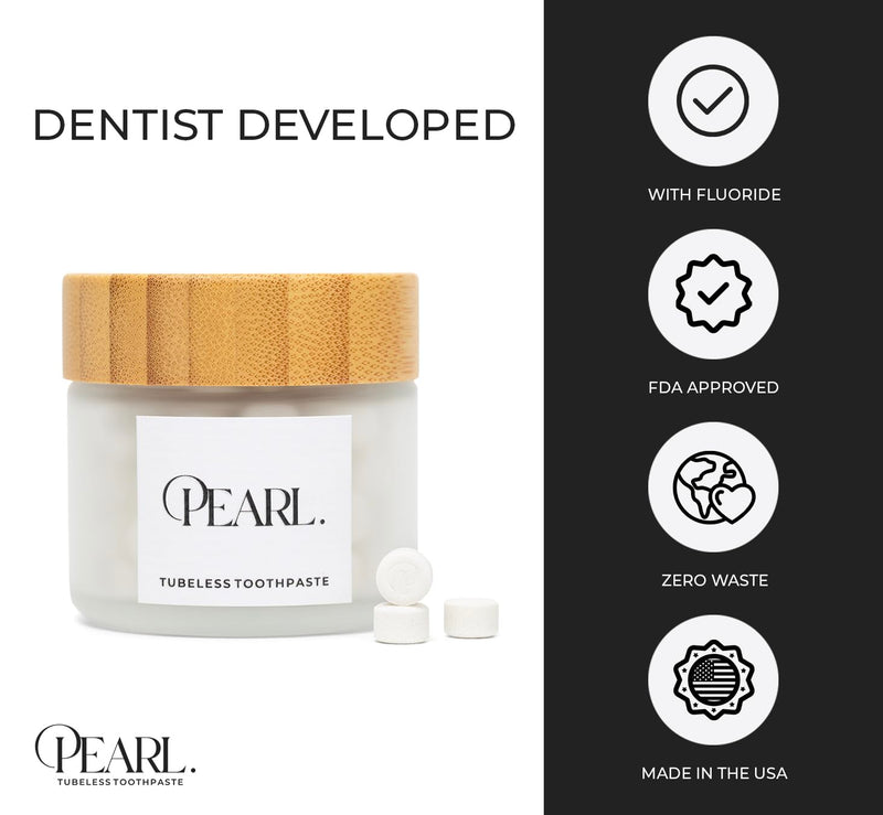 Starter Kit: The Pearl Jar & Fluoride Mint Toothpaste Tablets | Dentist Developed | Natural Whitening | TSA Approved | Reusable Packaging (Jar + 62 Tablets) 1 Count (Pack of 63)
