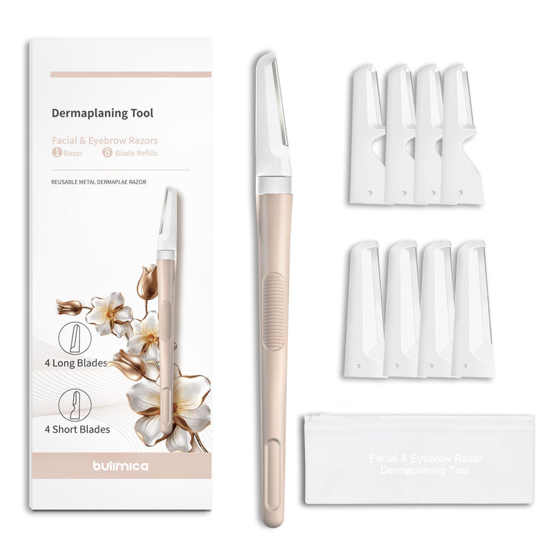 Dermaplane Razor for Women Face, Precision Face Razors for Women, Dermaplaning Tool, Gentle Exfoliation, Perfectly Shape Brows, Reusable Metal Handle with 8 Microblades, Beige Beige with 8 Refills