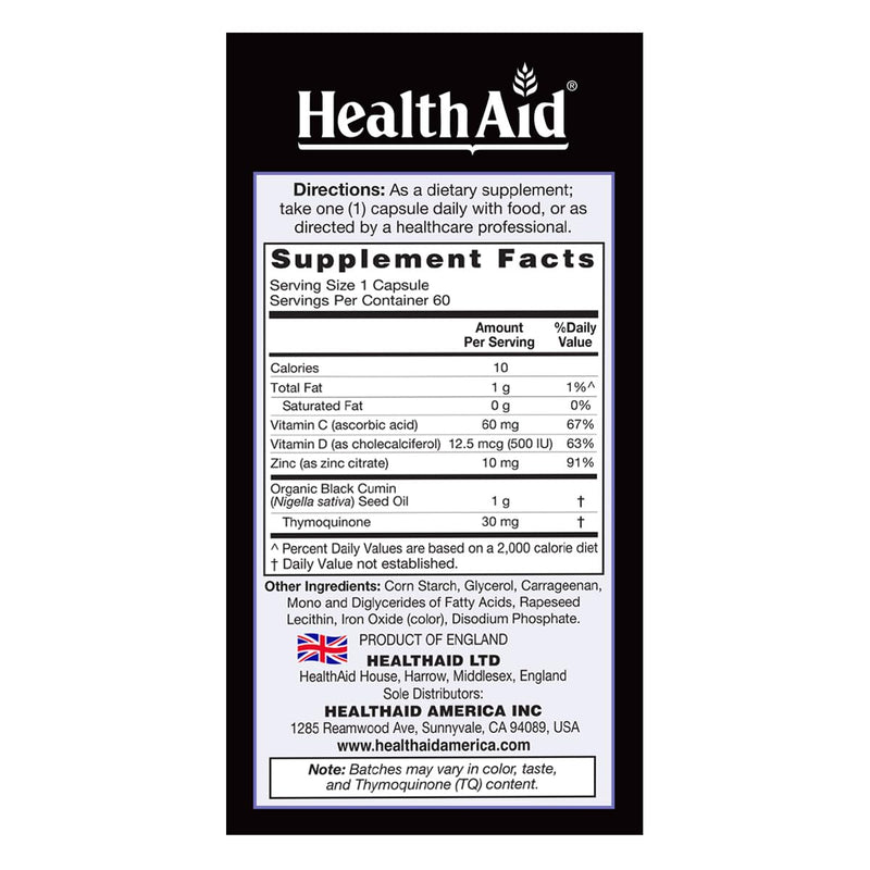 HealthAid Black Seed Oil Capsules, 1000mg, 60 Count, Cold-Pressed with Vitamin C, D, Zinc for General Health and Wellbeing, Vegan, Rich in Thymoquinone