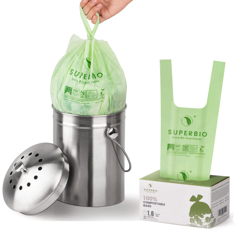 [Australia] - SUPERBIO 1.6 Gallon Compostable Handle Tie Food Waste Bags, 50 Count, 6 Liter, Small Bags for Countertop Bin US BPI & Europe OK Compost Home Certified 1.6 Gallon, 50 Count 