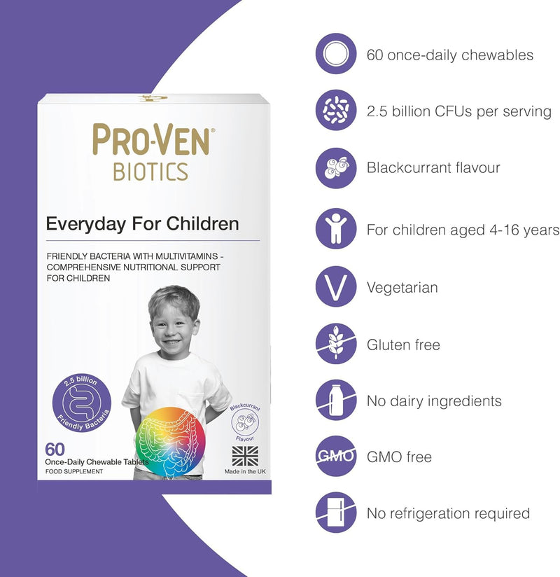Proven Biotics Everyday for Children (4-16) | 60 Chewable Probiotic Tablets Blackcurrant | with 2.5 Billion Live Bacteria Vitamins Minerals | Immune Bone Energy Support