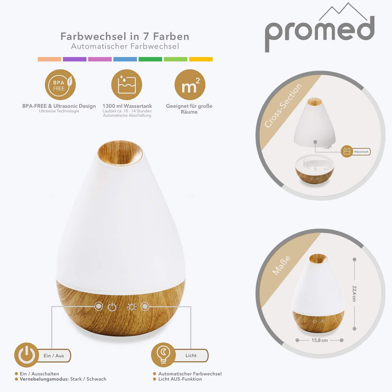 [Australia] - Promed Al-1300 Ws Aroma Diffuser 1300 ml, Ultrasonic Humidifier 1.3 Liters, Humidifier, Room Humidifier, Electric Fragrance Lamp Wooden Design with 7 Colors LED Light, Aroma Diffuser, Aromatherapy 