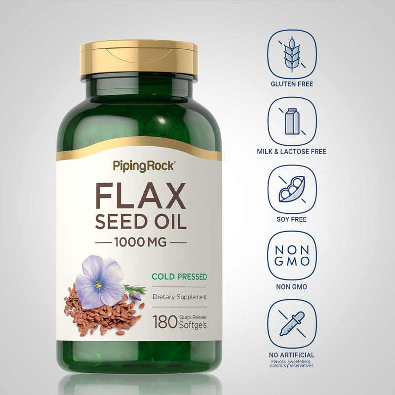 [Australia] - Piping Rock Flaxseed Oil 1000mg Softgel Capsules | 180 Count | Cold Pressed Supplement | Non-GMO, Gluten Free 