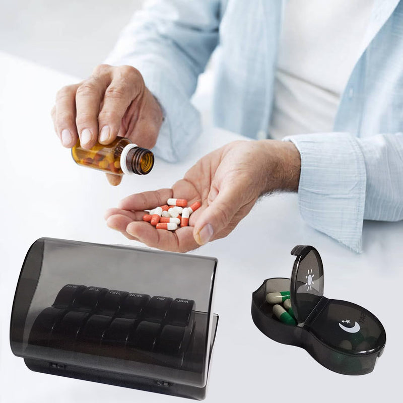 Weekly Pill Organizer 2 Time a Day，Pill Dispensers， Pill Box 7 Day with One-Side Large Opening Design for Easy Filling ，2 Times a Day AM/PM Pill Case, for Vitamins/Fish Oils (Black) Black+14