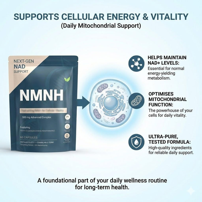 NMNH Supplement 500mg – Reduced NAD+ Precursor – Cellular Energy, Healthy Aging & Mitochondrial Support – 60 Vegan Capsules – High Absorption Dihydronicotinamide Mononucleotide 60 count (Pack of 1)