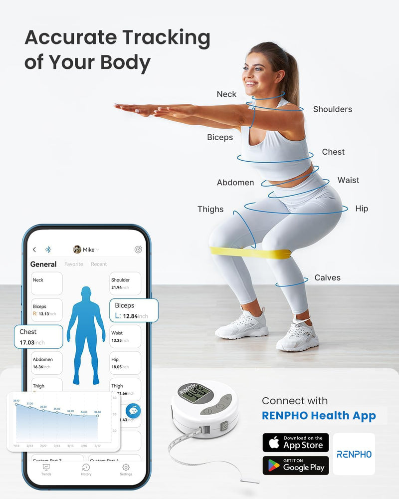 [Australia] - RENPHO Body Measuring Tape, Bluetooth Smart Tape Measure with Lock Hook & Retractable Function, Accurate Body Fat Measurement Device for Weight Loss, Muscle Gain, Fitness Bodybuilding, 60in /150cm 