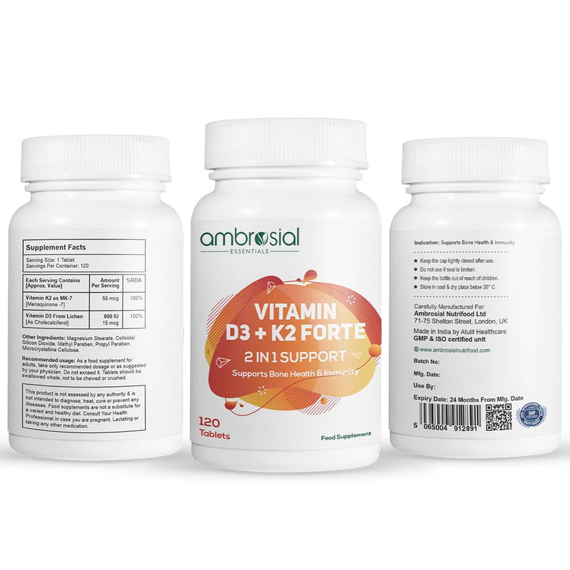Ambrosial Vitamin D3 K2 Forte | Vitamin D3 (600 IU) with MK-7 Vitamin K2 | High Absorption Daily Supplement | Plant-Based Formula | 120 Tablets