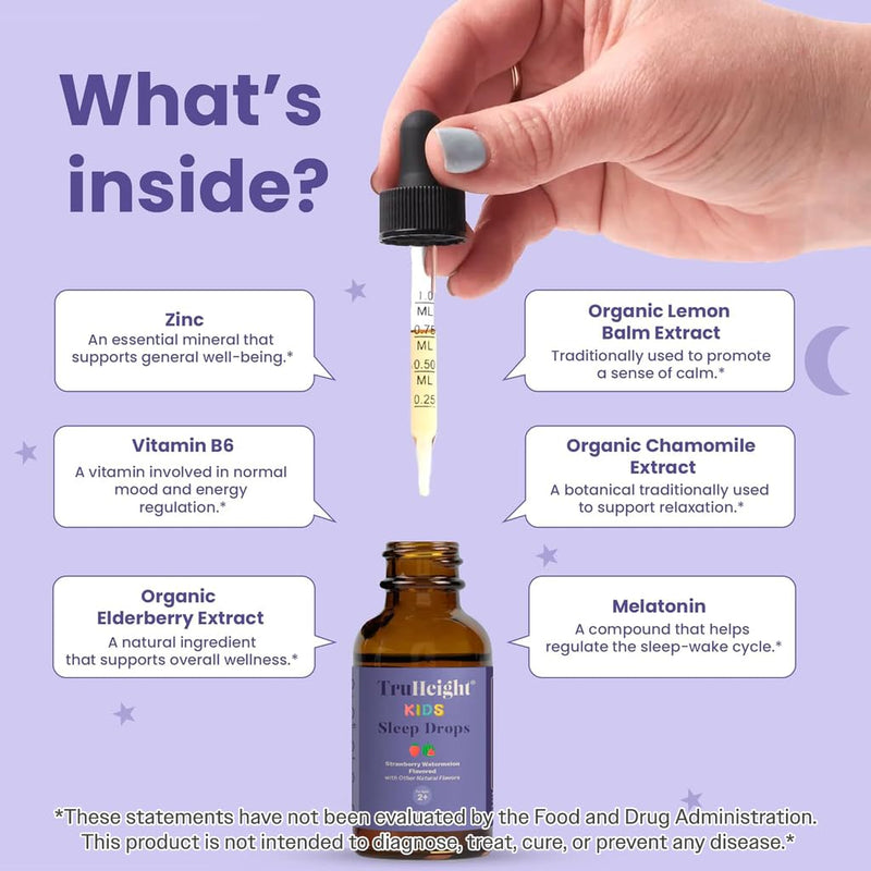 TruHeight Kids Sleep Tincture Ages 2+ (Watermelon Flavor) - Babies, Toddlers & Kids Natural Sleep Aid - Baby, Toddler, Child Melatonin 2 Year Old+ - Vitamin B6, Riboflavin, Zinc, Copper, Lemon Balm 1 Fl Oz (Pack of 3)