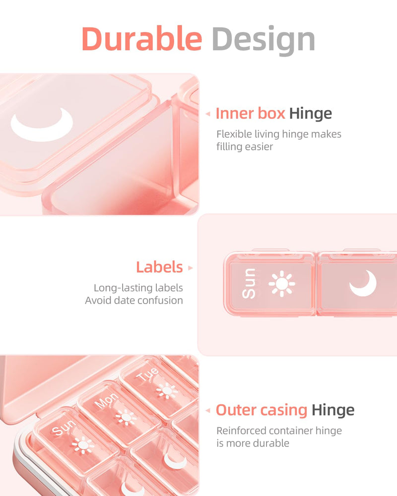 Betife AM PM Pill Organizer 2 Times a Day, 7 Day Pill Box - Pink | Removable AM/PM Daily Cases; Roomy for Fish Oil and Vitamins; Sturdy ABS Shell with Moisture-Resistant Silicone Protection.