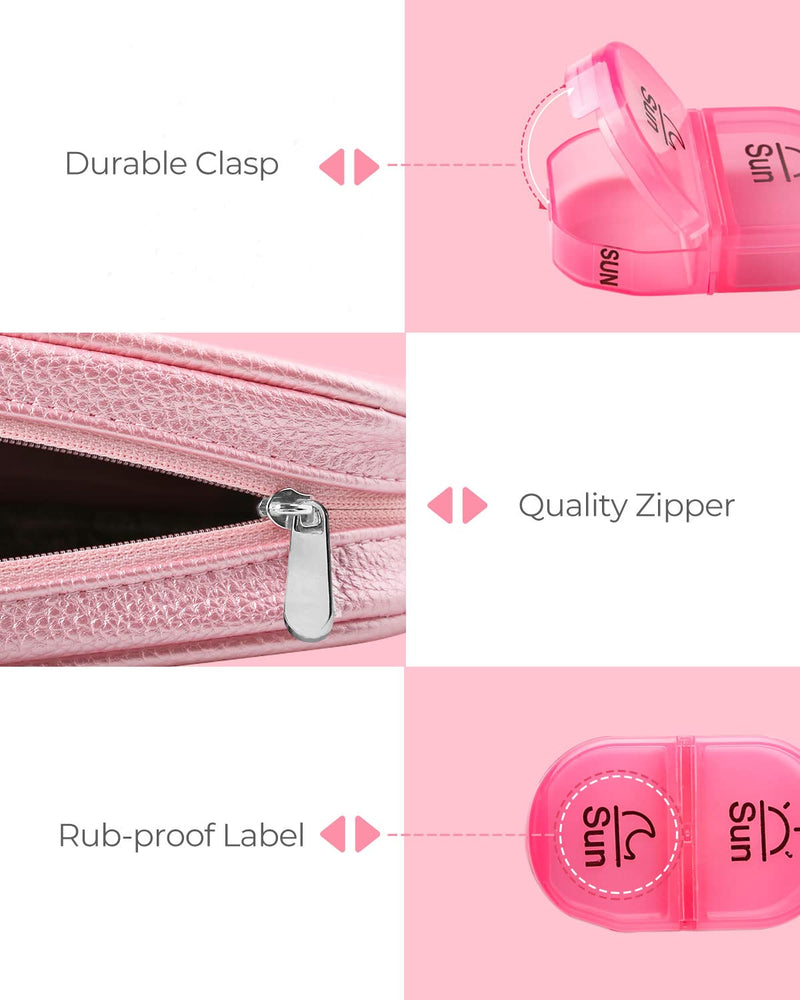 [Australia] - Cute Pill Organizer 2 Times a Day, PU Leather Pill Case for Women, Portable Weekly Pill Box for Purse with Storage Bag to Hold Vitamins/Medications/Fish Oils/Supplements, Pink 01-pink 