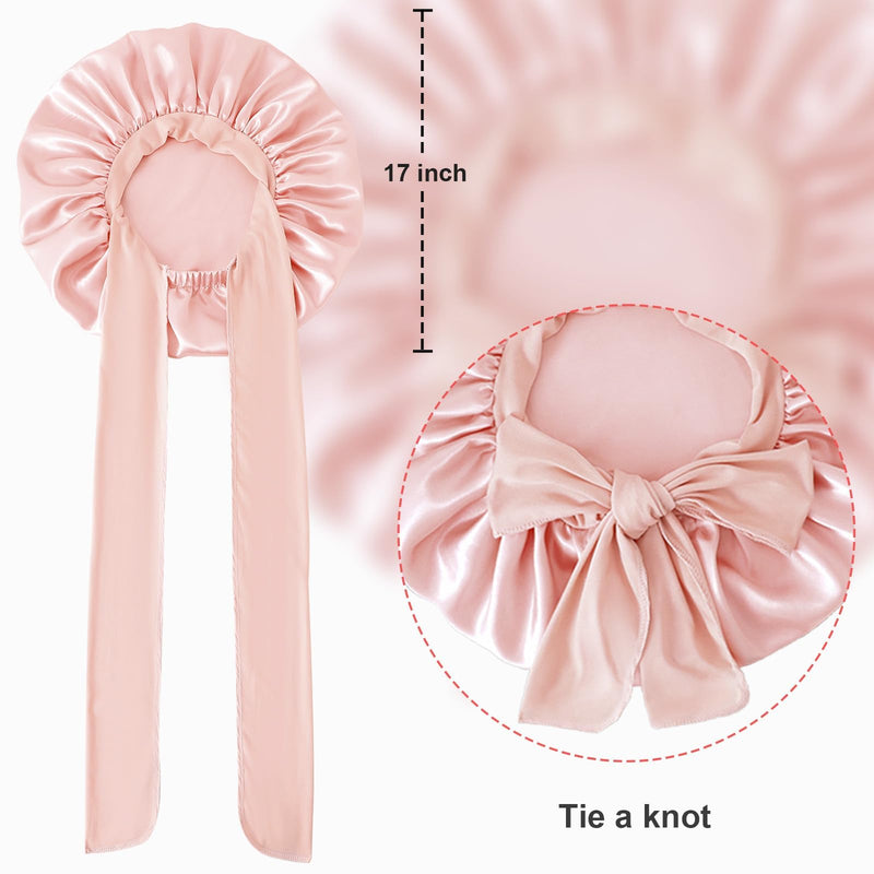 [Australia] - Large Silk Bonnet for Sleeping, Satin Hair Bonnet for Sleeping with Tie Band, Double Layer Satin Bonnets for Women Natural Curly Hair Shower cap Sakura Pink 