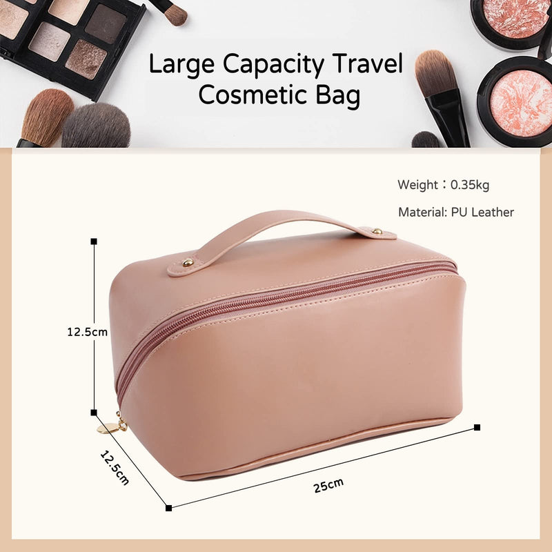 Large Capacity Travel Cosmetic Bag Make Up Bag with Handle and Zipper Multifunction Waterproof Toiletry Bag PU Travel Organiser Bag Wash Bag for Women Ladies Girls Pink A L