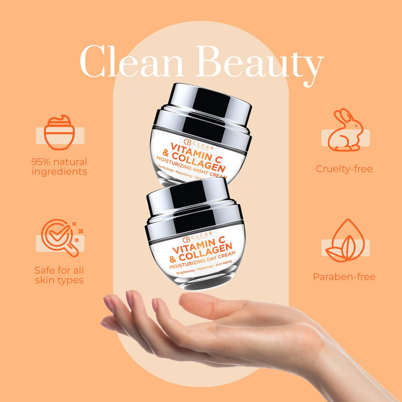 Clear Beauty Vitamin C & Collagen Face Moisturizer - Hydrating Anti Aging Day & Night Cream - Firms Smooths & Evens Skin Tone - Dermatologist Tested, Korean Skin Care Set, Clean Beauty - Duo Pack Vitamin C & Collagen (Day & Night Duo Set)