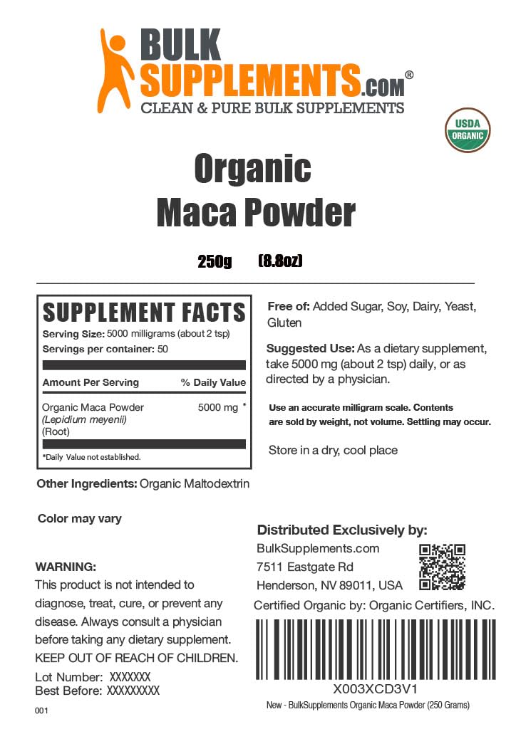 BulkSupplements.com Organic Maca Powder - Organic Maca Root Powder, Superfood Supplement - Gluten Free, 5g per Serving, 250g (8.8 oz) (Pack of 1) 8.8 Ounce (Pack of 1)