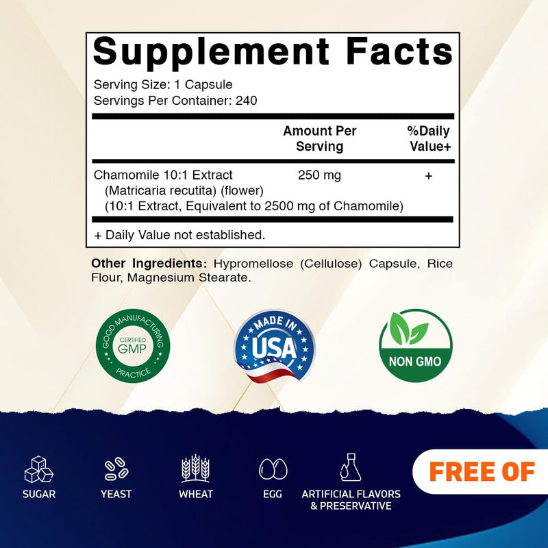 [Australia] - Vitamatic Chamomile 2500 mg Equivalent Per Serving (from 250 mg of 10:1 Extract) - 240 Veg Capsules - Non-GMO & Gluten Free 