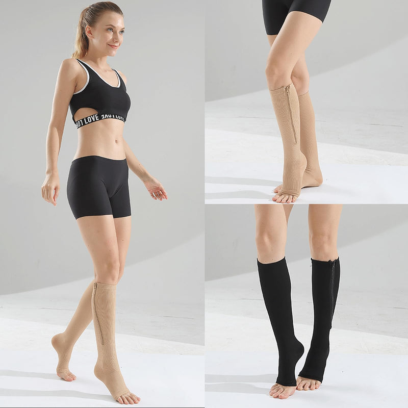 [Australia] - Naapesi 2 Pairs Zip Compression Socks, Zip Compression Socks, Calf Height, Open Toe Support Stockings for Varicose Veins, Edema, Recovery, Pregnant 