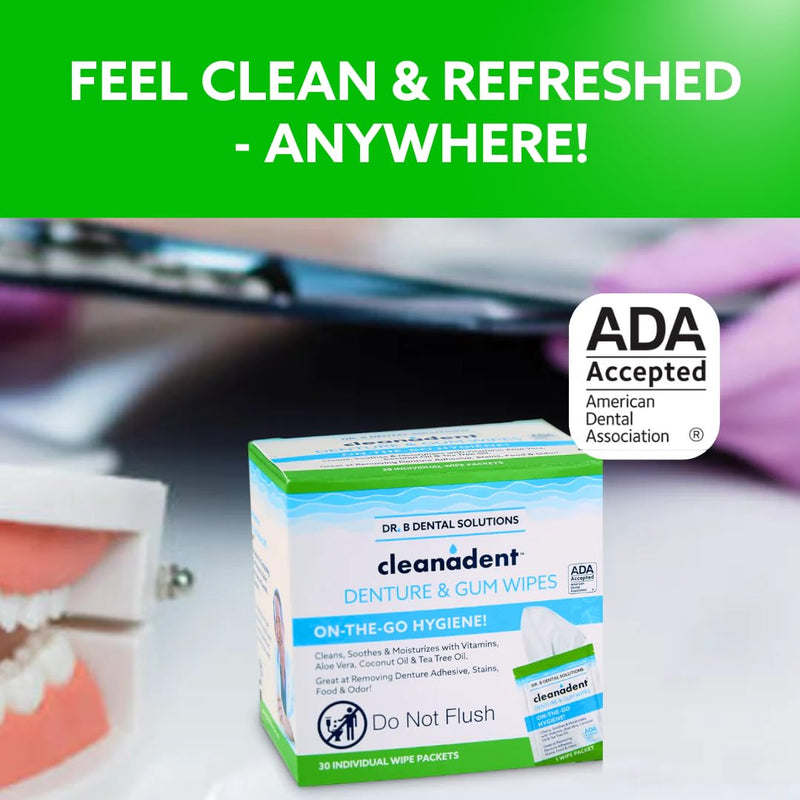 [Australia] - Dr. B Dental Solutions Cleanadent Dental Wipes, Denture Cleaner Removes Adhesives, Food, Stains, and Odor 30 Count Pack of 2 60 Count (Pack of 2) 