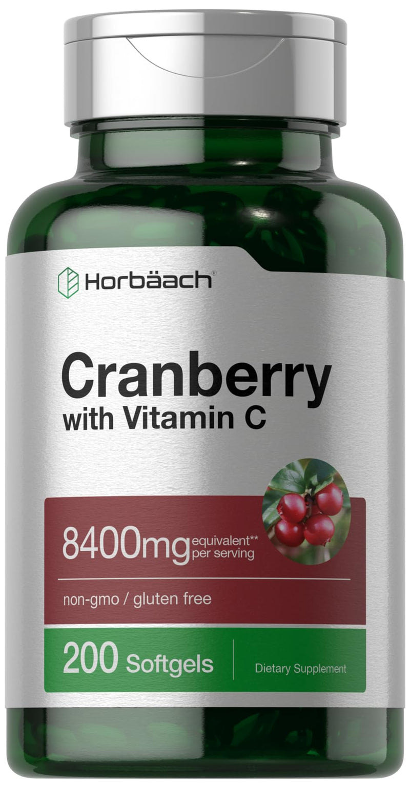 Horbäach Cranberry Pills with Vitamin C | 8400mg | 200 Softgels | Concentrate Extract Supplement | Non-GMO, Gluten Free