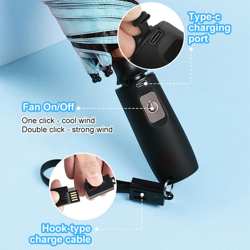 WOOLALA UV Sun & Rain Umbrella with Built-in Cooling Fan UPF 50+ | Portable Foldable Design, USB Rechargeable for Sports Games, Theme Parks on Hot Days Black