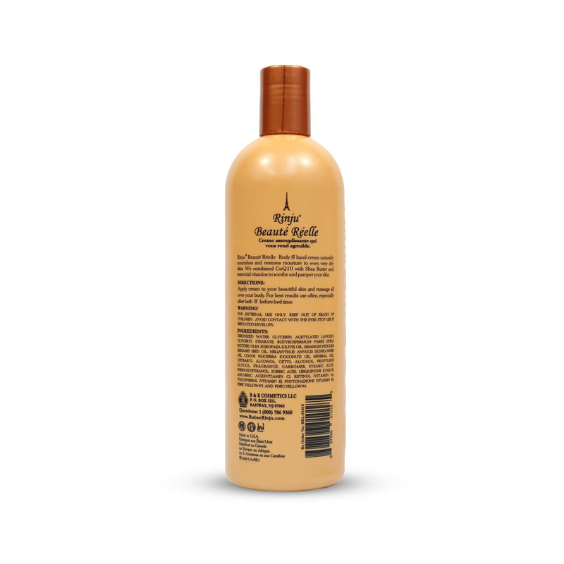 Rinju Beauté Réelle Body & Hand Cream - Non-Greasy Cream for Women & Men - 16 Oz Shea Butter Cream for Extremely Dry Skin - CoQ10, Vitamin E, A & K Moisturizer - Soothes, Caressed and Pampers Skin