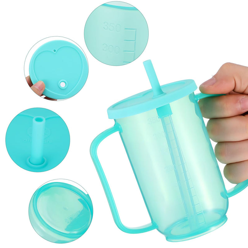 Gatuida 350ml Adult Drinking Cup for Elderly, Plastic Non-Spill Cups, Portable Two Handled Cup, Spill-Proof Sippy Cups with Straw and Lid for Bedridden Patients, Disabled, Hospital, Convalescent Care Short Straw
