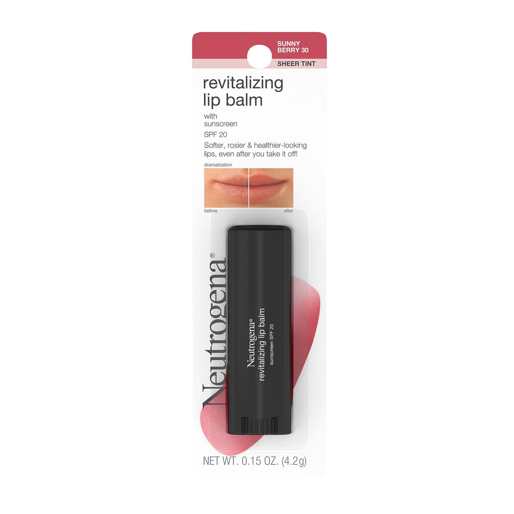 Neutrogena Revitalizing and Moisturizing Tinted Lip Balm with Sun Protective Broad Spectrum SPF 20 Sunscreen, Lip Soothing Balm with a Sheer Tint in Color Sunny Berry 30,.15 oz 30 Sunny Berry 0.15 Ounce (Pack of 1)