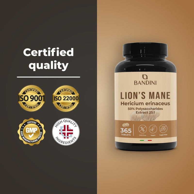 Bandini® Lions Mane Mushroom 2000mg - 365 High Strength Vegan Tablets 1 Year Supply - Hericium Erinaceus 25:1 Extract with Black Pepper - 50% Polyphenols - Lion's Mane Alternative to Powder & Capsules