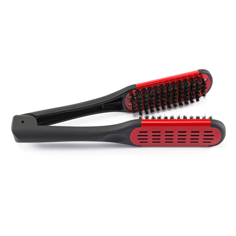 [Australia] - Aethland Double Sided Brush Clamp Straightener, Boar Bristles Clamp Hair Straightening Brush With Detangler - Hair Styling Tool #03 Red 