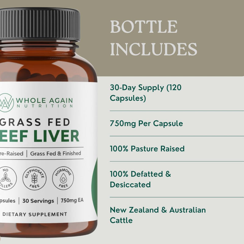 [Australia] - Grass Fed Beef Liver Capsules - 100% Pasture Raised - No Fillers or Flow Agents - 120 Count 3,000mg Serving - 30-Day Supply - Iron and Energy - Grass fed Desiccated Liver Supplement 