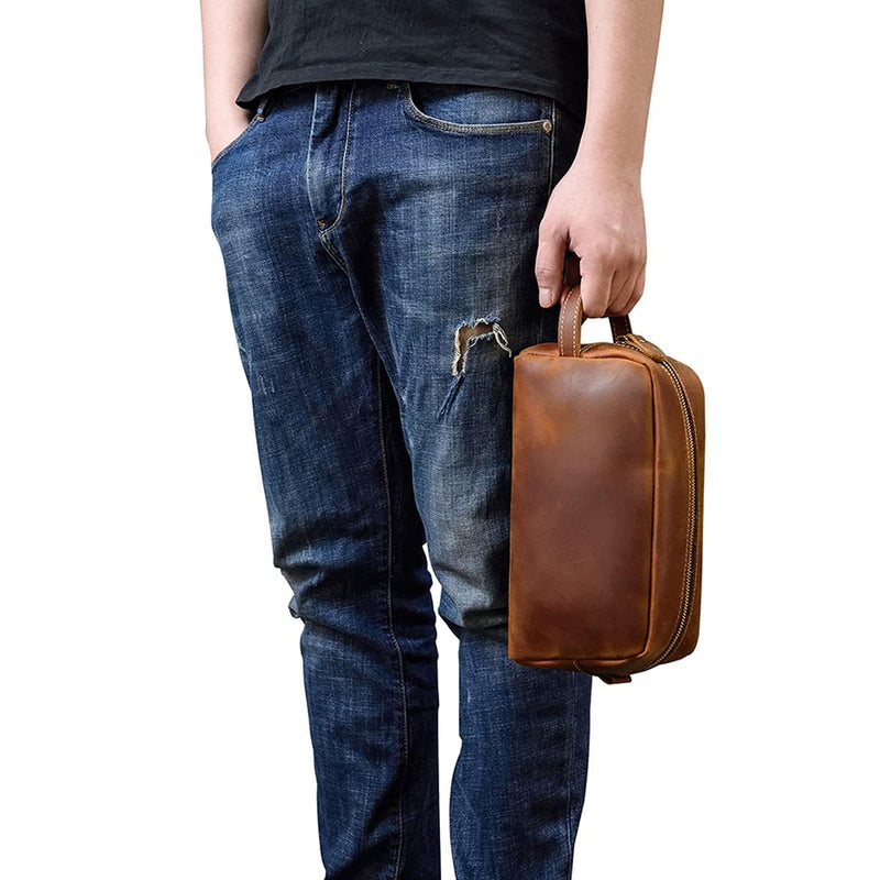 Toiletry Bag for Men or Women, Full Grain Leather Handcrafted Dopp Kit, Vintage Travel Leather Toiletry Travel Pouch, Large Cosmetic Bathroom Travel Shaving Bag, Fully Lined with Cotton Fabric Medium Brown