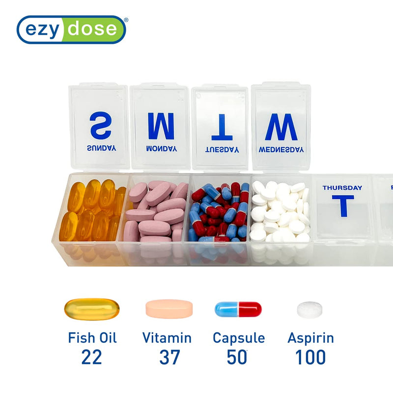 Ezy Dose Weekly (7-Day) Pill Organizer, 3X-Large Medicine Planner, Clear | Vitamin & Supplement Case, Spacious Compartments to Secure Prescription Medication and Prevent Accidental Spilling, BPA-Free 3X-Large 11"x2.1"x1.1"