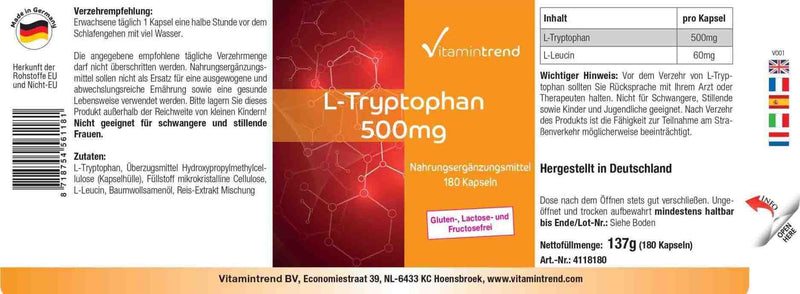 [Australia] - L-Tryptophan 500mg - 180 capsules - vegan - bulk pack for 6 months | Vitamintrend® 