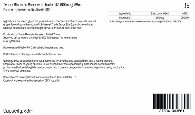 Trace Minerals Liquid Ionic Vitamin B12 1000 mcg, Methylcobalamin, 2 oz | Bioavailable methylcobalamin , Nerve and brain support, Ionic trace minerals included, 1 mL daily, No refrigeration needed